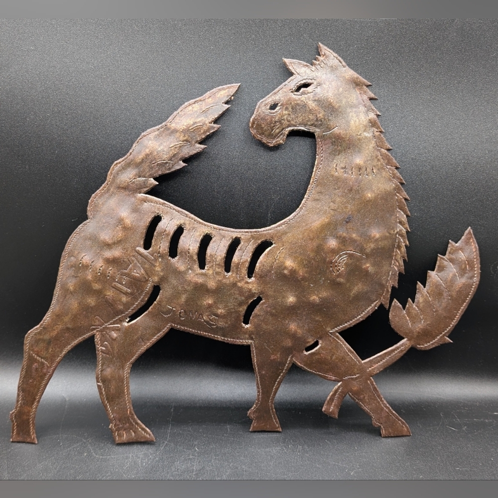 Haitian Steel Drum Art Horse Wall Hanging, Signed JONAS